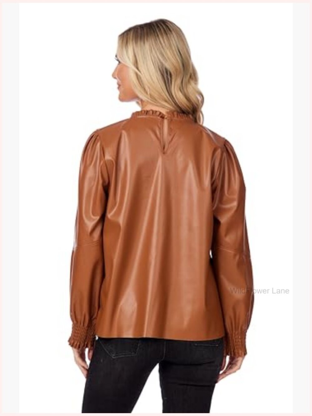 Faux Leather Ruffle Neck Long Sleeve Top Blouse - Picture 3 of 5